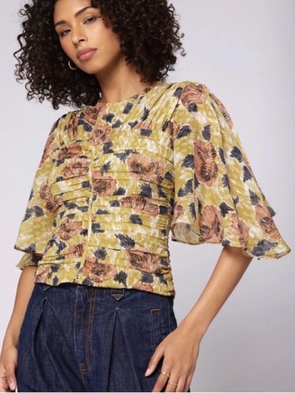 NEW Joie Silk Foster Ruched Ecru Olive Multicolor Floral Flutter Sleeve Top